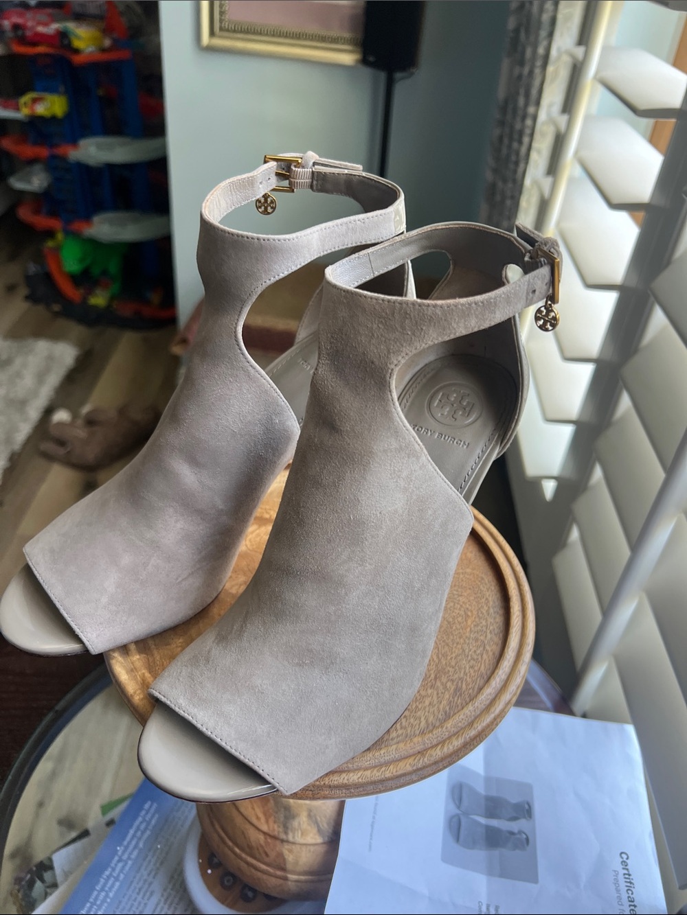 🛑 1 hour sale. Worn 2X, Tory Burch, 8.5, Suede Peep-Toe Ankle-Strap Heels, EUC